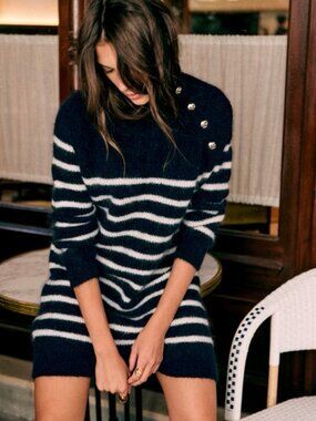 Sezane‎ Tessa Sweater Dress Size Medium Navy Blue Striped Wool Mohair
